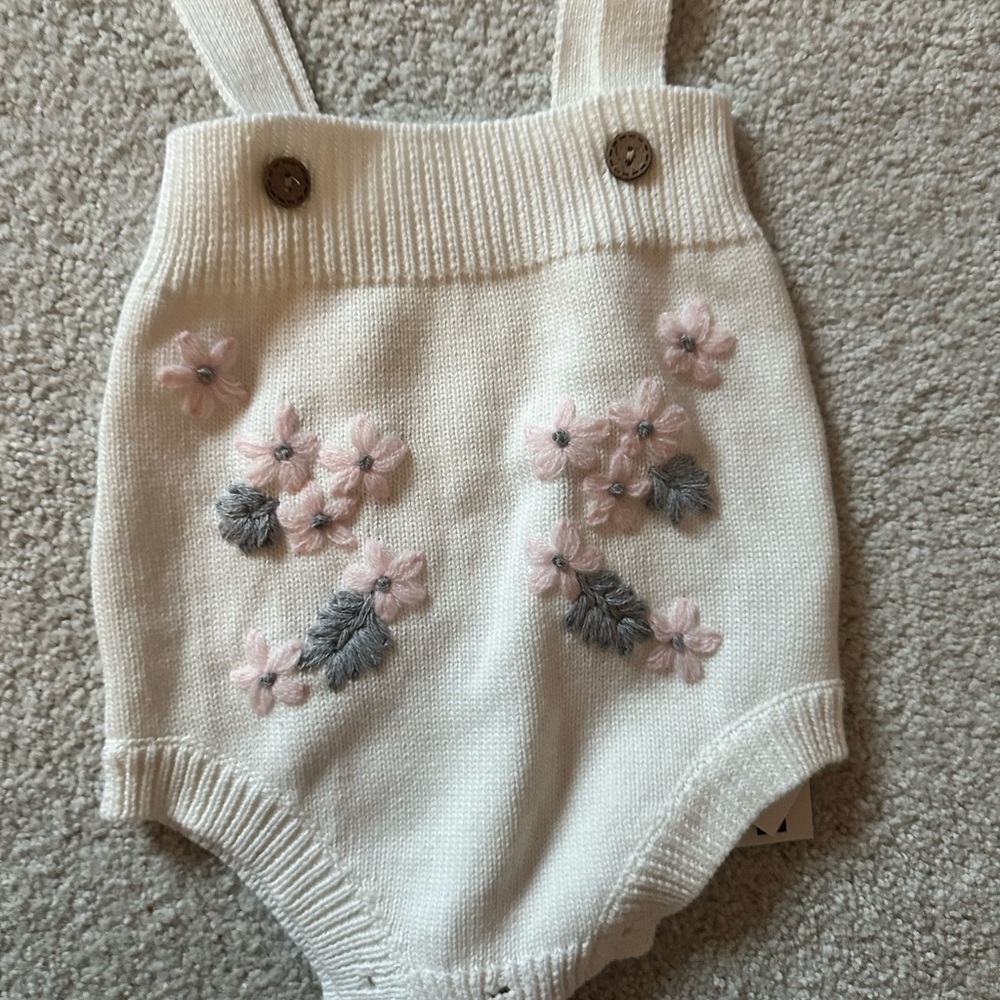 Floral Knit Baby Romper - White and Pink
